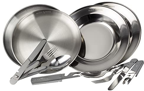 Black Snake® Flacher und tiefer Camping Picknick Teller mit Besteck Set aus Edelstahl - 2 Personen - Set