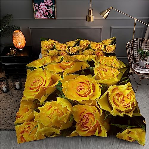 BettwäSche 135x200 Gelb Bettbezug Set 3 Teilig Rosen Flauschig BettbezüGe und 2 Kissenbezug 80x80, Allergiker BettwäSche-Sets Weiche Microfaser mit ReißVerschluss