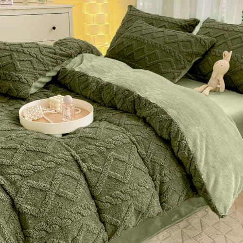 Nayoroom Bettwäsche Flanell 220x240 Winter Warme Kuschel Bettbezug Flauschig Fleece Cashmere Touch Plüsch Winterbettwäsche Set mit Reißverschluss - 220 x 240 + 2 x 80 x 80 cm Grün