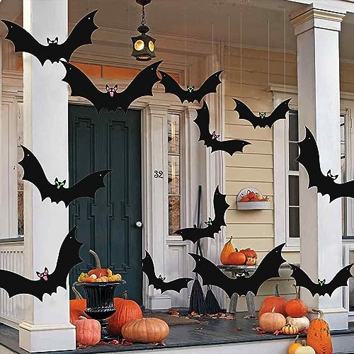 HDAKDDHG Lot de 12 chauves-souris volantes à suspendre avec yeux brillants et rouleau de ligne pour extérieur, jardin, fête, cour, arbre (3 tailles, S, M, L)