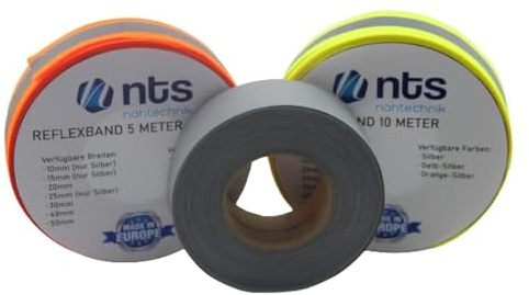 NTS Nähtechnik l 10 Meter l hochwertiges Reflexband l Reflektorband l zum Aufnähen, in 7 Breiten, Farbauswahl… (Silber, 50)