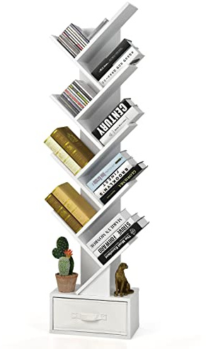 HOMASIS Bücherregal mit Schublade, Standregal in Baumform, Holzregal mit 8 Ebenen, schmal Aufbewahrungsregal für Bücher CD DVD, Organizer für Schlafzimmer, Wohnzimmer & Büro, 38x20x149,5cm (Weiß)