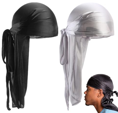 Long Tail Durag,2 Piezas Unisex Durag Headwraps Anchas Correas Pirata Gorra de quimio contra la pérdida de Cabello Bandana Turbante para Mujeres y Hombres Hip-Hop y decoración Diaria