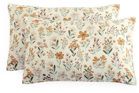 Wake In Cloud - Floral Pillow Cases, Botanical Flower Coquette Cottagecore Shabby Chic Aesthetic, Set of 2 Soft Pillowcases Pillow Shams Covers, Orange Cream, King Size 20x36 Inches