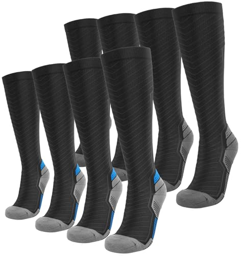SONORAN 4 Pairs Kompressionsstrümpfe Damen und Herren Klasse 2 Stützstrümpfe Kompressionssocken Compression Socks Kompression für Running, Reisen, Sport XXL （Schwarz Grau&Blau）