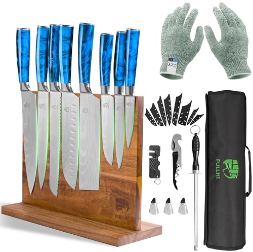 FULLHI 15st japanskt knivset med magnetisk knivblockshållare, blad i rostfritt stål, ergonomiska handtag i blå harts för professionell matlagning och hemmatlagning