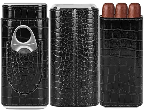 Tragbare Zigarrenhumidor-Box mit Zedernholzfutter und Zigarrenschneider elegante Zigarrenbox Zigarrenzubehör hochwertiges braunes Leder mit Krokodil-Textur, perfekt für Zigarrenliebhaber (Schwarz)