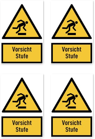 Aufkleber: 150x100 mm, 4 Stück - Vorsicht Stufe - Warnzeichen mit Text (deutsch) (gelb/schwarz) - hochkant - W007 - DIN EN ISO 7010 / ASR A1.3