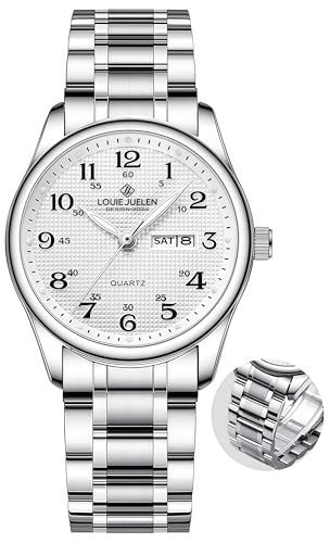 Gosasa Easy-to-Read Quartz Watch for Seniors, Large Numerals, Calendar, 30m Water Resistance, Luminous,Women's Men's Stainless Steel Wrist Watch (Silver Steel, Men)