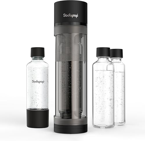 Sodapop Aireador de agua Logan, incluye 2 botellas de cristal (850 y 600 ml) y 1 botella de PET (850 ml), color negro mate, altura de 42,6 cm, sin cilindro de CO₂