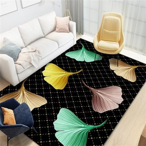 RUGMRZ Grosser Teppich 180x220CM Kind bodenschutzmatte Schwarz Das Bunte Blattmuster erleichtert die Teppichreinigung