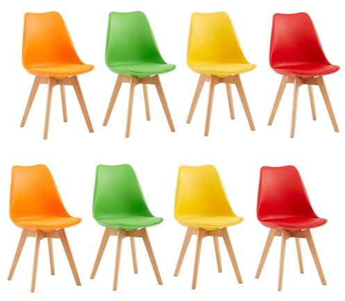EGGREE 8er Set Esszimmerstühle Skandinavischer Schalenstuhl mit PU-Sitzkissen & Massivholz-Beinen, Bunt SGS-Geprüft Retro Küchenstuhl Polsterstuhl für Esszimmer & Wohnzimmer (Gelb, Rot, Grün, Orange)