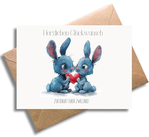 WBdesignz Zwillinge Geburt Glückwunsch Karte mit Umschlag - “Herzichen Glückwunsch zur Geburt euer Zwillinge” süße Geschenkkarte Schwangerschaft Geburt Zwillingsjungen Baby Babyparty Mutter (DIN A6)