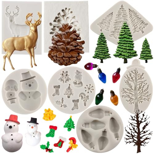 MYPRACS Christmas Fondant Moulds Christmas Tree Silicone Moulds Set Of 7 | Snowman Pine Cone Deer Light Bulb Mould Cake Decorating Cupcake Topper Chocolate Candy Gum Paste Polymer Clay