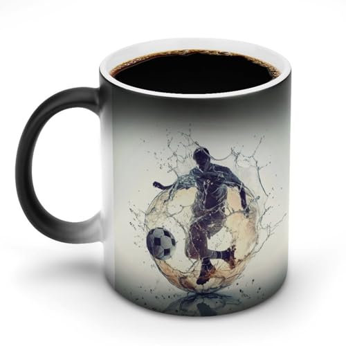 KWQDOZF Soccer Player Inside A Ball Color Changing Mugs Ball Games Heat Changing Ceramic Coffee Mug Novelty Tea Cup Funny Water Cup for Home Office 11OZ