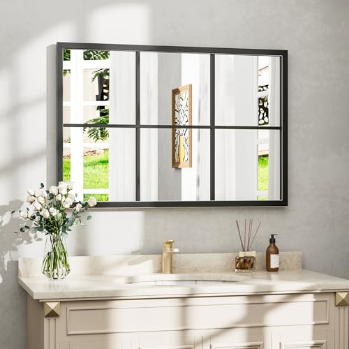 Dewfig Rechteckiger Wandspiegel, Fensterspiegel, Wandmontage, 61 x 91,4 cm große schwarze Spiegel zum Aufhängen oder Anlehnen an die Wand, Schlafzimmer, Waschtisch, Wohnzimmer, Kamin, Eingang, Schwarz