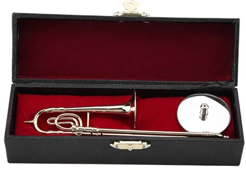 Tromba Per Trombone In Miniatura Con Supporto E Custodia Placcata In Oro Mini Modello Di Strumento Ornamenti Musicali(Trombone)