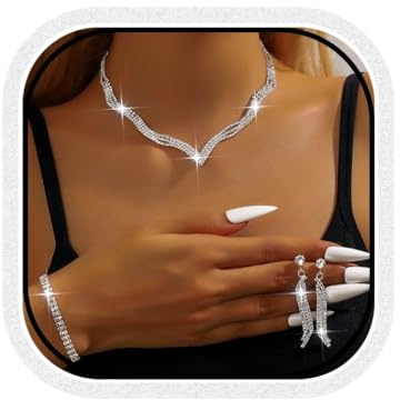 Fashband Juego de joyas de cristal para novia, collar y aretes de diamantes de imitación plateados, para disfraz de novia, joyería para mujer, talla única, Perla sintética, No es una piedra preciosa