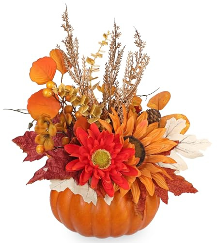 Artificial Pumpkin Autumn Decor, Fall Table Centerpieces with Sunflowers