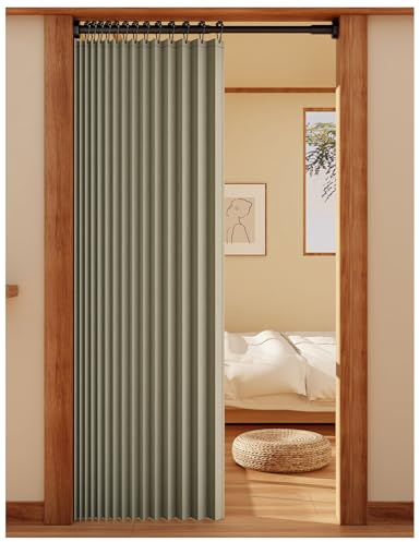 APMOE Türvorhang mit Teleskopstange, Ohne Bohren Türvorhang Kälteschutz, Raumteiler Vorhang Schallschutz Falttüren Innentüren(Grün,Rod 100-120cm/curtain 120x250cm)