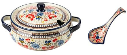 Juego de cuencos y platos de cártamo de miel para uso doméstico, juego de vajilla de cerámica, olla de sopa de 2 L (con cuchara grande)
