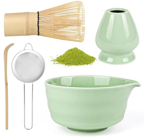 5 Pièces Matcha Kit, Ensemble à Matcha, Kit à Matcha, Avec Cuillere Matcha, Bol Matcha Bec Verseur, Fouet a Matcha, Support de Fouet à Matcha, Tamis à Matcha, pour La Cérémonie Du Thé Matcha (A)