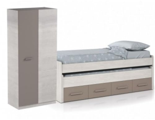 Mobelcenter, Dormitorio Juvenil Ares, Conjunto Dormitorio Infantil Juvenil Color Blanco Alpes y Basalto, Cama Nido con 2 Cajones y Armario 2 Puertas con Barra de Colgar y 2 estantes (P0015)