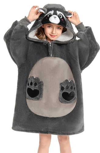 OLAOLA Sweat à Capuche Couverture Surdimensionnée Raton Laveur pour Enfants, Pull Plaid à Capuche en Polaire Sherpa avec Manches et Poches, Sweat Plaid Doux et Chaud pour Filles Garçons