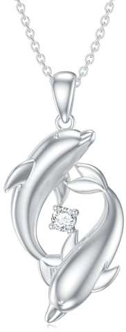 LABBAO Diamant Delphin Kette für Damen 925 Sterling Silber 2 Delphin Anhänger Halskette mit Lab-Grown Diamant Schmuck Geschenke