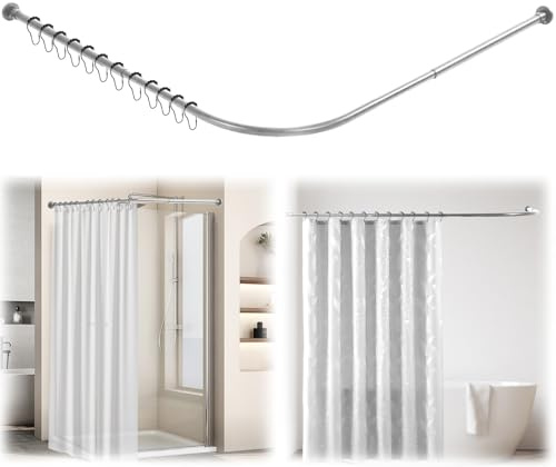 Asta per tenda da doccia a forma di L, asta per tenda da doccia, angolo regolabile con 12 ganci, asta per doccia angolare in acciaio inox 304 (montaggio a foratura) (68-98 cm x 68-98 cm, argento)