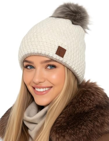 Baesics Strickmütze Glitzer Weiß mit Bommel für Damen & Herren – warme Unisex Wintermütze mit Fleecefutter & Kunstfell Pompon One Size – Beanie Stil