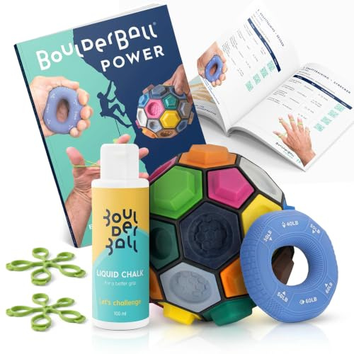BOULDERBALL POWER Set de entrenamiento para fortalecer dedos mano y antebrazo. Incluye Boulderball anillo grip banda extensora y plan de entrenamiento. Para escaladores deportistas y uso diario