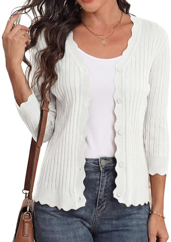 GRECERELLE Cardigans for Women UK 3/4 Sleeve Scalloped Edge | Ribbed Knit Ladies Cardigan Lightweight Slim Fit Button Down Women's Cardigans