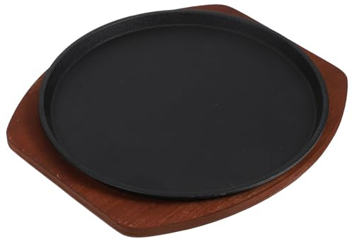 Artibetter Sartén para Bistec de Hierro Fundido 25 Cm Redonda Base de Madera Antideslizante, Plato para Asar Alimentos y Parrilla para Cocina Doméstica Compatible Cocinas de Inducción
