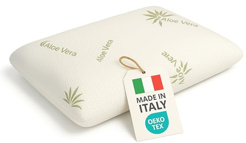 BCSHOP Cuscino Memory Foam Cervicale con Federa Aloe Vera - Guanciale Letto Ortopedico alto 13 cm - Cuscino Anatomico per Dormire Made in Italy Antibatterico Certificato Oeko Tex