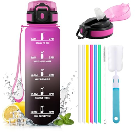 JAPORIA Borraccia 1L, Borraccia con Cannuccia, a Prova di Perdite, Bottiglia Acqua con Indicatore del Tempo, per Adulto, Campeggio, Ufficio, Studenti, Sport, Palestra