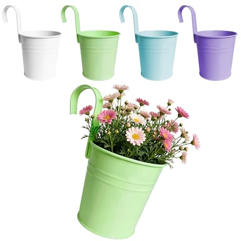 FARYODI Set di 4 vasi da fiori sospesi, in ferro zincato, altezza 16 cm, diametro 26 cm, con manico rimovibile, foro di scarico, colorato, robusto e durevole (multicolore 1)