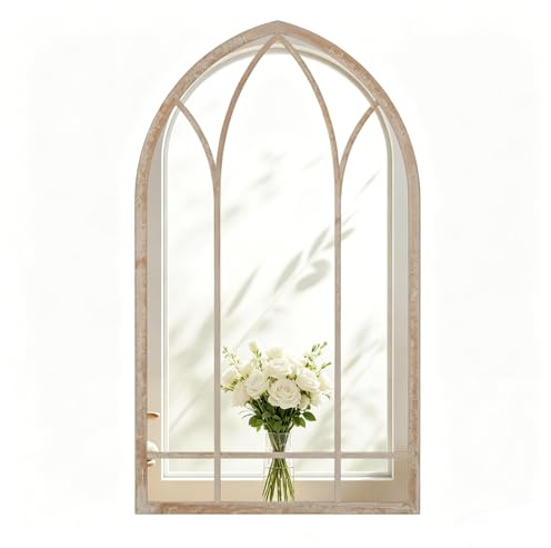 RELAX4LIFE Garden Outdoor Window Mirror, Distressed Gothic Arch Mirror with Hanging Hooks, Gothic Style Effect Glass Mirror for Hallway Living Room Bedroom Entryway (83x48cm)