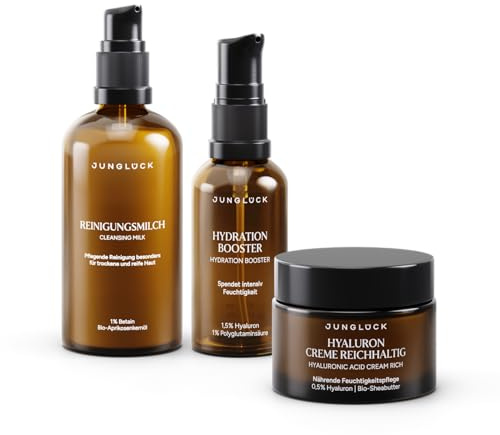 JUNGLÜCK Set Starke Trockenheit reduzieren | Reinigungsmilch 100ml + Hydration Booster 30ml + Hyaluron Creme Reichhaltig 50ml