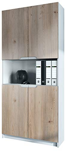 Vladon Büroschrank Logan V2, Made in Germany, Aktenschrank mit 5 Fächern und 4 Türen, Weiß matt/Eiche Nordic (82 x 184 x 37 cm)