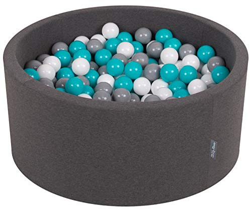 KiddyMoon Rund Bällebad Bällepool 90X40cm/300 Bälle ∅ 7Cm Ballgruben Mit Bunten Bällen Für Babys Spielbad Kleinkinder, Hergestellt In Der EU, Dunkelgrau:Grau/Weiß/Türkis