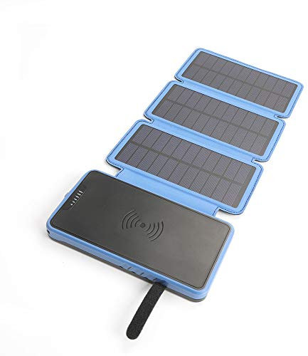MYYING ELE Qi Solar Power Bank Qi Wireless Charger 20000mAh, Portable External Battery with 3 Foldable Solar Panels, Flashlight, Dual 5V/2.1A USB Ports for Qi Enabled Smartphones Devices, Blue