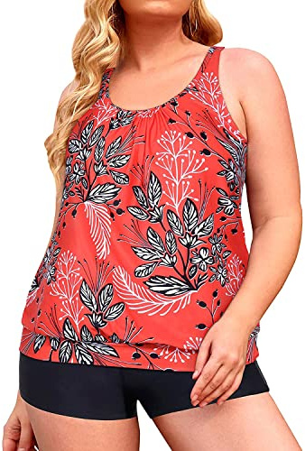 Yonique Tvådelad blouson tankini baddräkter för kvinnor blygsamma baddräkter lös passform badkläder, Röd blommig, M