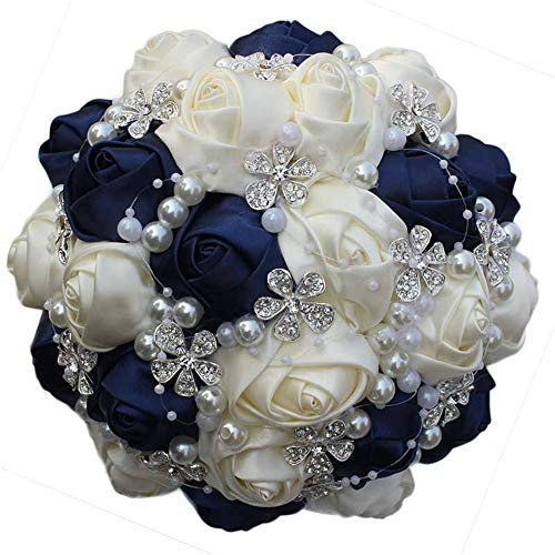 Bouquet da Sposa con Finto Strass Fiore Rosa Artificiale E Bouquet da Sposa Perla della Sposa per La Decorazione del Ristorante Dell'Hotel Matrimonio Hotel (Blu Navy, Bianco Crema)