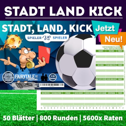Stadt Land Kick | Großer A4 Block | Das Stadt Land Fussball Spiel | Familienspiel | Kinderspiel | Geburtstagsgeschenk besonders beliebt bei Männern, Jungs und Vätern | Fußball Game | Geschenkidee