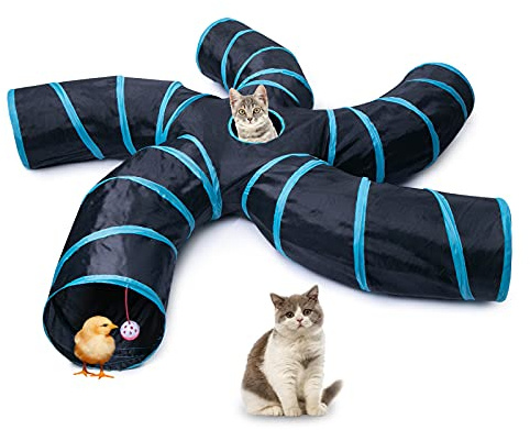 EGETOTA Cat Tunnel for Indoor Cats Large, with Play Ball S-Shape 5 Way Collapsible Interactive Peek Hole Pet Tube Toys, Puppy, Kitty, Kitten, Rabbit (Blue & Black)