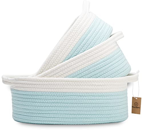 NaturalCozy 3 Stück Oval Aufbewahrungskorb Set,Natur Seil Gewebte Körbe zur Aufbewahrung, Geschenkkorb Leer, Spielzeugkorb, Katze Hundespielzeugkörbe, Kleiner Korb (Off White Türkis)