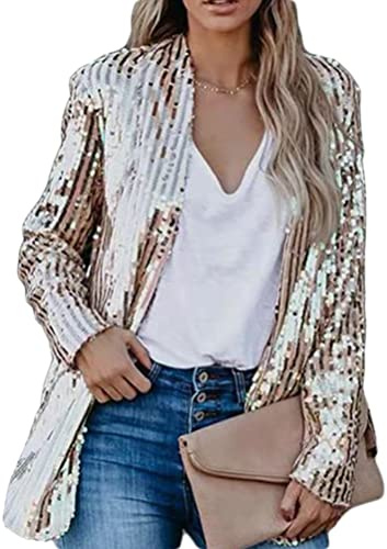 Onsoyours Damen Glänzend Pailletten Jacke Cardigan Langarm Bolero Tops Kurz Oberteile Eleganter Blazer Glitzer Party Outfits Clubwear A Gold XL