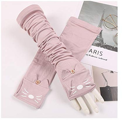Sonnenschutzhandschuhe UV-Schutzhülle Baumwolle dünne weibliche Katze Sommer im Freien fahren lange Sonnenschutzhandschuhe (Color : Pink-B, Size : One size)