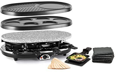 Klarstein Steaklette All-U-Can-Grill Raclette - raclette eléctrica grill de 1500 vatios, raclette y piedra para 8 personas, temperatura regulable, posavasos y espátula de madera, Grill 4 en 1, negro
